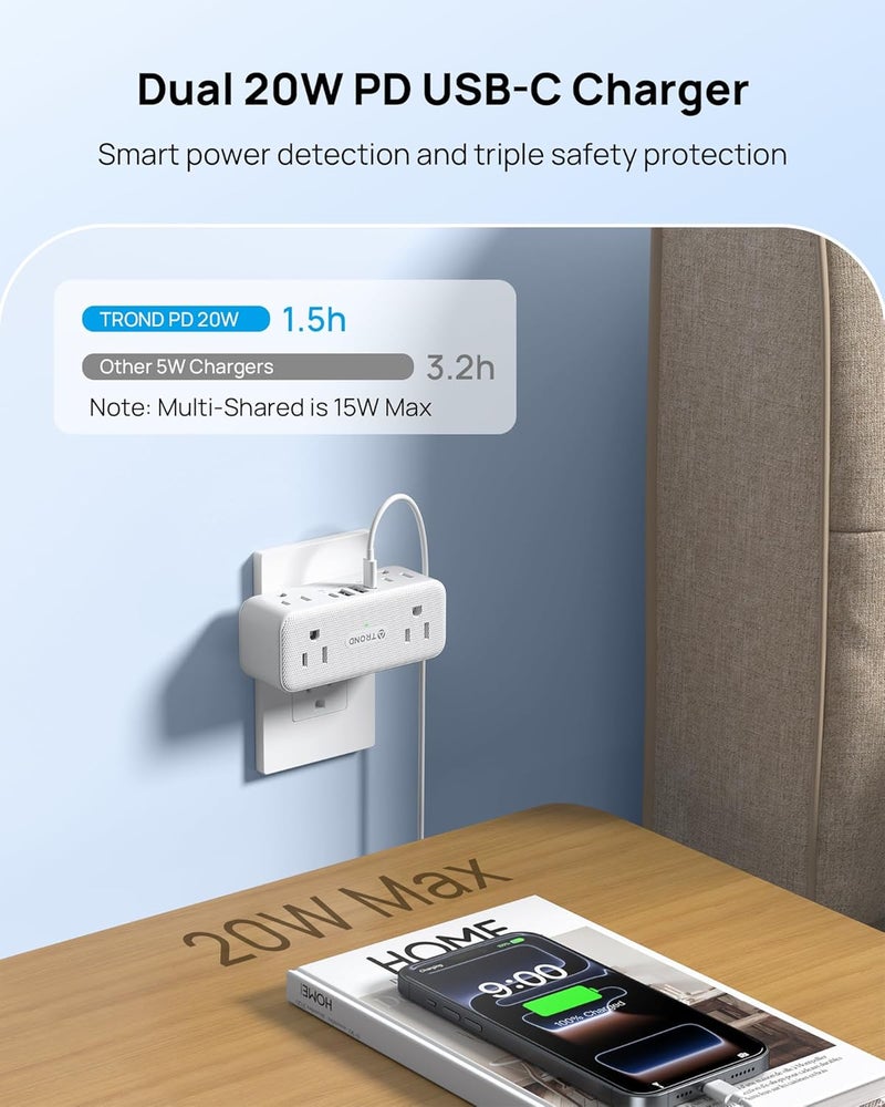 TROND Electrical Outlet Extender, 6 AC Outlet Splitter with 360° Rotating Plug, Multi Plug Adapter with PD 20W USB C, 2 USB-A & 2 USB-C, 3 Way Wall Extension Adapter for Home Office Travel Dorm - Image 3